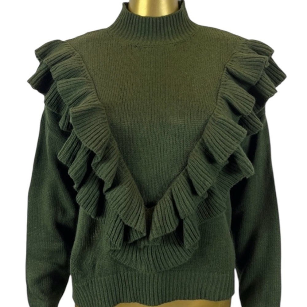 Forever 21 Green Ruffle Mock Neck Knit Sweater Women’s Medium Acrylic